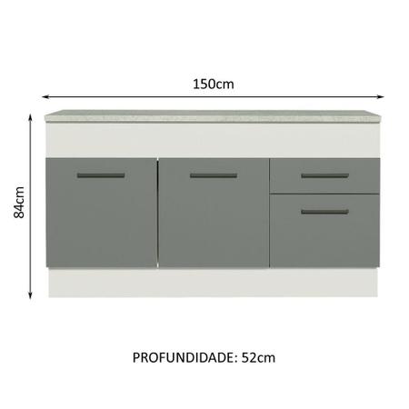 Imagem de Balcão de Pia Cozinha 150 cm 2 Portas e 2 Gavetas (Com Tampo) Branco/Cinza Agata Madesa