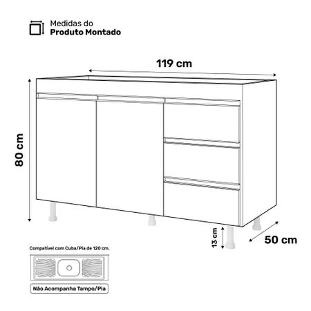 Imagem de Balcão Gabinete Lux Para Pia de 120cm 100% MDF Sem Tampo 02 Portas e 03 Gavetas Branco - Desk Design