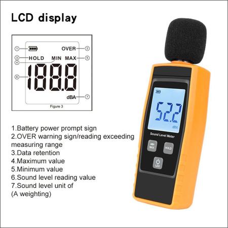 Imagem de Baluue Decibelímetro Hand- Held Medidor de Nível de Som Ruído 30-130 Dba Decibel Monitor Gama Com Display LCD Digital