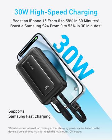 Imagem de Banco de potência Anker Zolo 10.000mAh 30W com cabo USB-C e Lightning