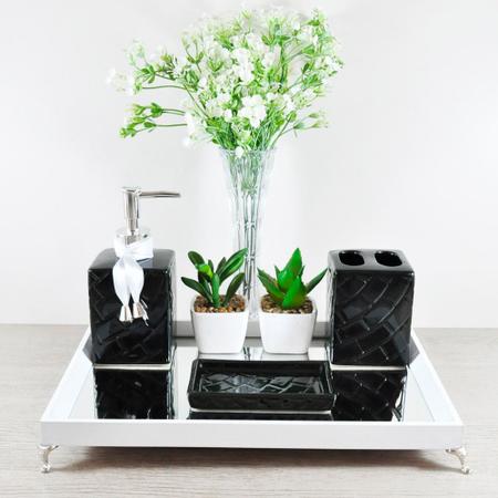 Imagem de Bandeja Espelhada Lavabo Banheiro "G" madeira Branca 22x32x4cm pés de metal prateado/cromado