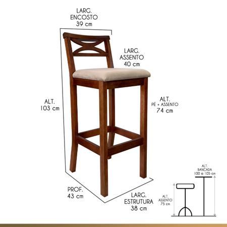 Imagem de Banqueta Alta X Estofada 38 x 103 Cm Ilha Encosto Madri Madeira Maciça Castanho Suede Bege CCS