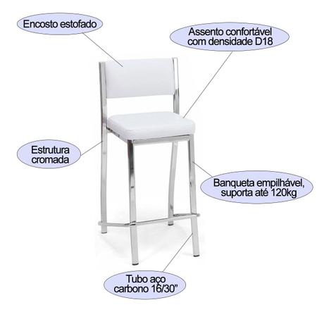 Imagem de Banqueta EMPILHÁVEL cromada Altura 65cm assento e encosto branco