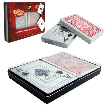 02 Jogos Cartas Baralho Plástico Estojo Lata Tranca Buraco