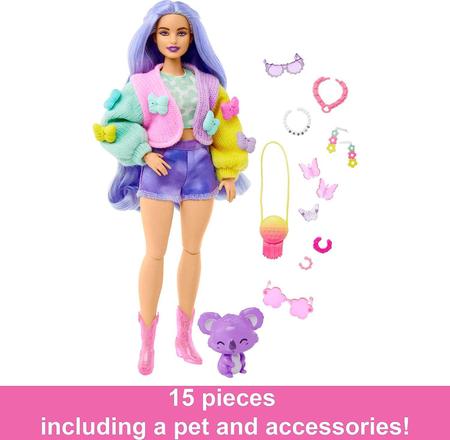 Imagem de Barbie Extra 20 Cabelo Lavanda Casaco De Lã Colorido E Koala - Mattel