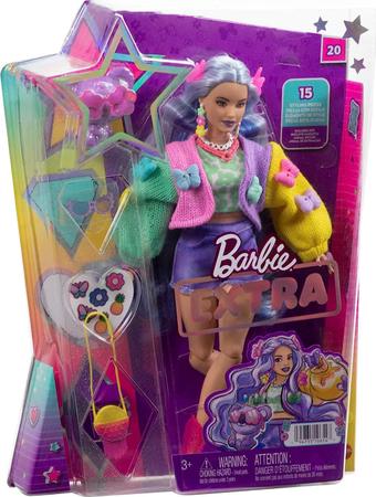Imagem de Barbie Extra 20 Cabelo Lavanda Casaco De Lã Colorido E Koala - Mattel