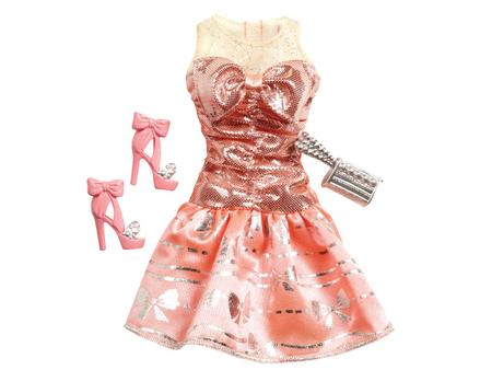 Barbie Roupas e Acessórios Vestido Rosa Babados Colar Sapatos HJT20 Mattel