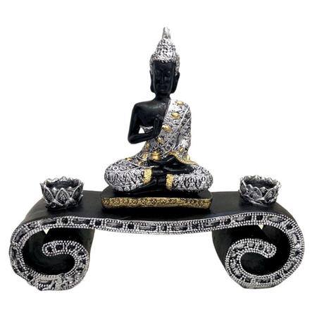 Base Aparador Estátua de Buda Hindu com Altar e 2 Castiçais em Resina - LZ Decorações Imagem de Base Aparador Estátua de Buda Hindu com Altar e 2 Castiçais em Resina