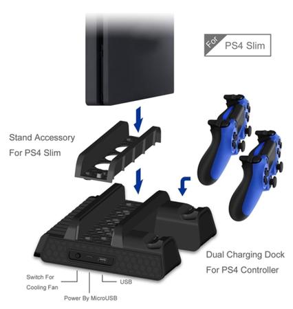 Suporte para PS4 com ventoinha de resfriamento para PS4 Slim/PS4  Pro/PlayStation 4, suporte vertical para PS4 com estação de carregamento de  controle duplo e armazenamento de 16 jogos