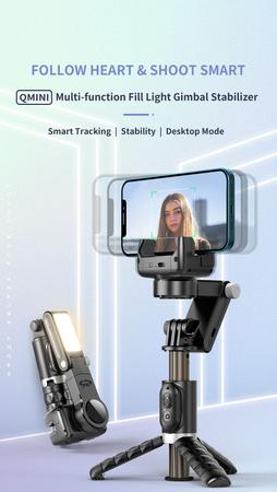 Imagem de Bastão Estabilizador Pau de Selfie Gimbal Q18: App Flash Controle Bluetooth Tripé Extensível Rastreador Facial 360º