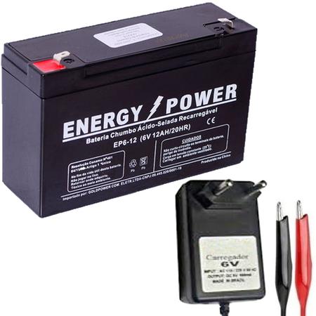 Imagem de Bateria 6v 12ah + Carregador 6v 800mah Garra Jacaré Carro Carrinho Brinquedo Moto Elétrica