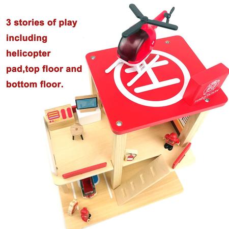 Imagem de BBtinker Wooden Fire Station Playset, Multicolor 3-Level Pretend Play Dollhouse com figuras, caminhão, helicóptero e acessórios, brinquedos educacionais de aprendizagem pré-escolar para crianças de 3 anos ou mais