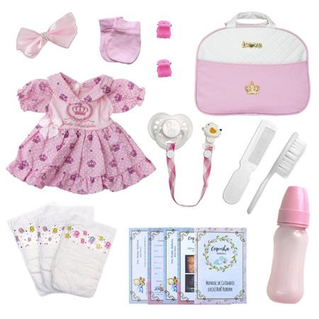 Boneca Bebê Reborn Cabelo Castanho + Bolsa 20 Itens Enxoval