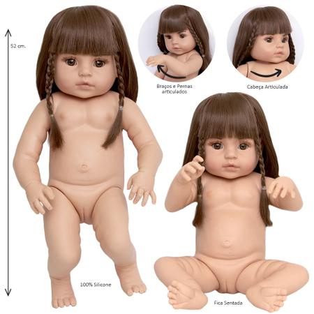 Bebê Reborn Menina corpo Silicone realista, cabelo Castanho.p/ Dar