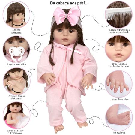 Boneca Bebê Reborn Realista 100% Silicone 20 Itens com Bolsa - USA Magazine