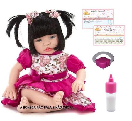 Imagem de Bebe Estilo Reborn Morena Boneca C/ Chupeta Mamadeira Certidão Nascimento e Carteira de Vacinação