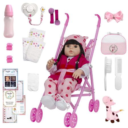 Imagem de Bebe Estilo Reborn Morena Vinil Girafa Com Carrinho Infantil