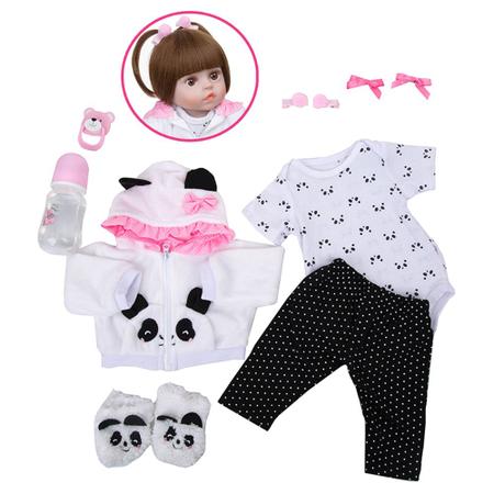 Brastoy Boneca Bebê Reborn Silicone Menina Panda Olhos Castanhos