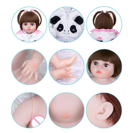 Boneca Reborn Bebê 100% Silicone Menina Panda Olho Castanho 48cm