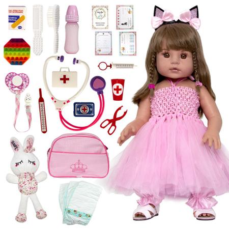 Bebê Reborn Baby Boneca Cabelos Castanhos + Enxoval Completo