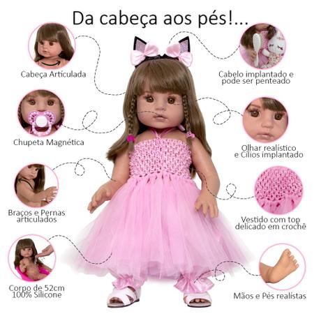 Bebê Reborn Baby Boneca Cabelos Castanhos + Enxoval Completo