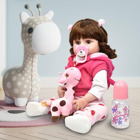 Imagem de Bebê Reborn Boneca Girafinha Original Realista Brastoy Silicone Conjunto de Roupa Chupeta Mamadeira e Pelúcia