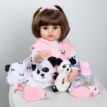 Boneca Reborn menina Bebe Reborn 100% silicone pode dar banho criança  Original presente (Panda 48CM)