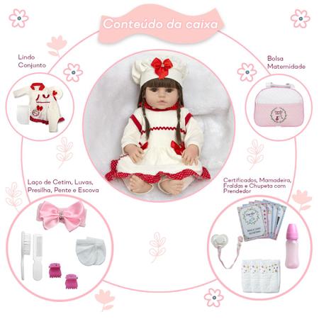 Bebê Reborn LULU Silicone com Corpo de Pano com Enxoval - 42cm