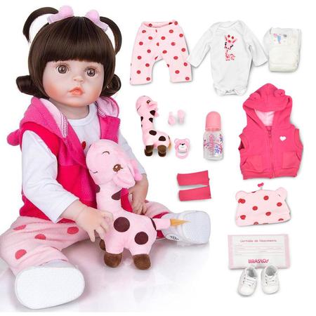 Boneca Bebê Reborn Realista Roupa de Girafinha 100% Silicone