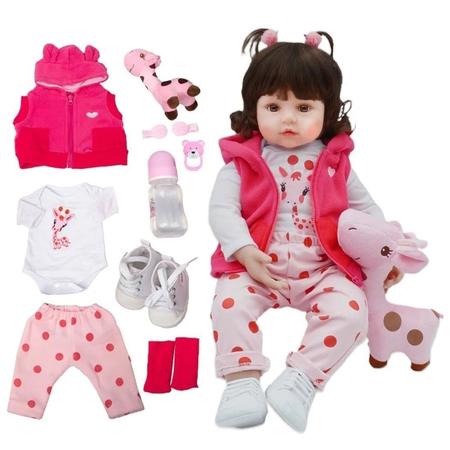 Boneca Reborn Cabelão 100% de Silicone Morena Com Acessórios Mamadeira  Chupeta Brinquedo Pelúcia Roupa Sapato REF 1002