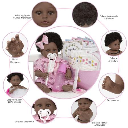 Boneca Reborn Negra Silicone Realista 13 Itens Pode Banho - Chic