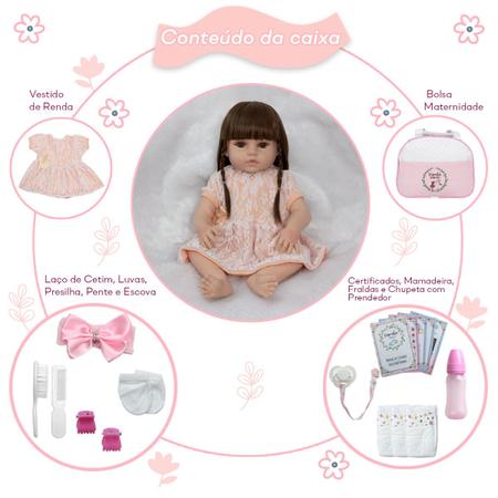 Bebe Reborn Menina Cabelo Longo Olhos Castanhos + Acessórios - Cegonha Reborn Dolls Imagem de Bebe Reborn Menina Cabelo Longo Olhos Castanhos + Acessórios