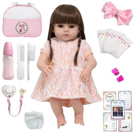 Bebe Reborn Menina Cabelo Longo Olhos Castanhos + Acessórios - Cegonha Reborn Dolls Imagem de Bebe Reborn Menina Cabelo Longo Olhos Castanhos + Acessórios