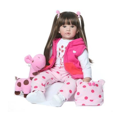 Boneca Bebê Reborn 60cm Roupa Xadrez Cabelo Longo Envio Já