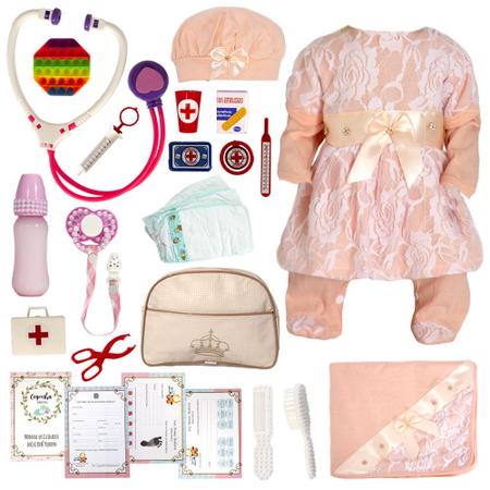 Imagem de Bebe Reborn Menina Roupa Salmão com Chupeta e Itens Luxo