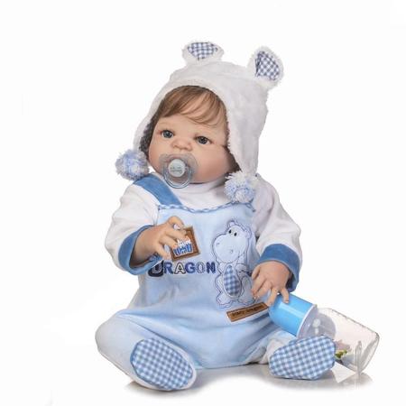 Boneco Bebê Reborn Menino Em Silicone Moreno Olho Azul 55 Cm no