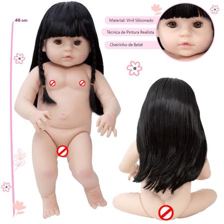 Boneca bebe reborn morena com cilios roupa rosa 16 itens