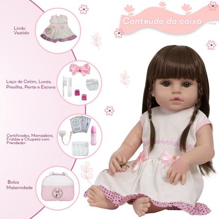 Bebê Reborn 100% Silicone Caixa de Boneca + 23 Itens e Bolsa