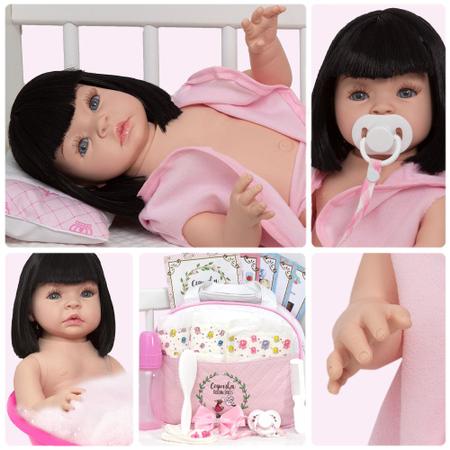 Boneca Bebe Reborn Silicone Realista Morena Roupão 20 Itens - Chic