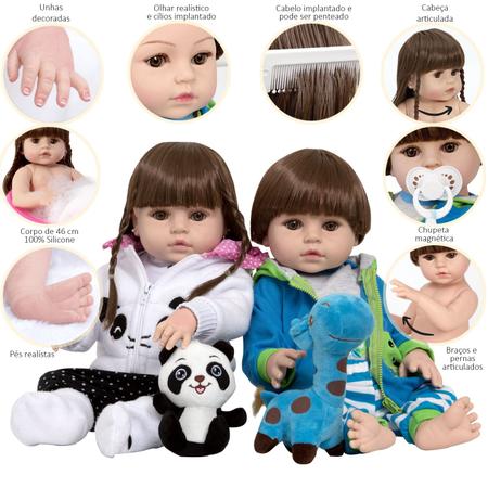Bebe Tipo Reborn Gêmeos Casal Panda Girafa Cabelo Castanho - Cegonha Reborn Dolls Imagem de Bebe Tipo Reborn Gêmeos Casal Panda Girafa Cabelo Castanho
