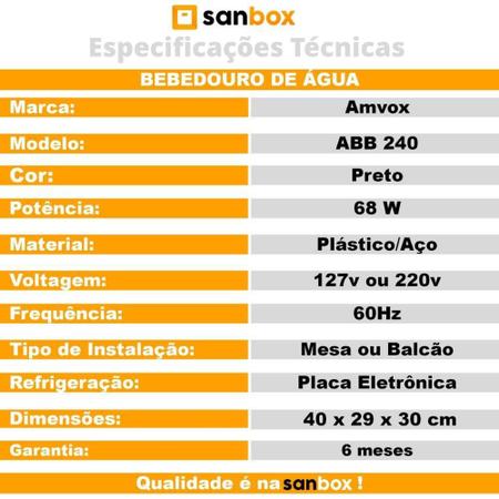 Imagem de Bebedouro De Água Eletrônico 20L Amvox Abb 240 Black- 68W