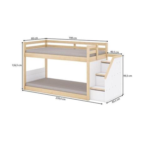 Imagem de Beliche Infantil Montessoriana Garden com Escada Lateral,grade Proteção I e Escorregadore Grade X Du Branco/Natural