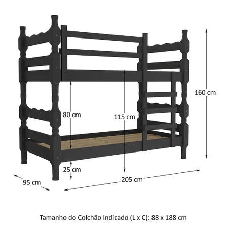 Imagem de Beliche Madeira Maciça - vira 2 Camas - com Colchões Inclusos Porto Multimóveis CR4159 Preto