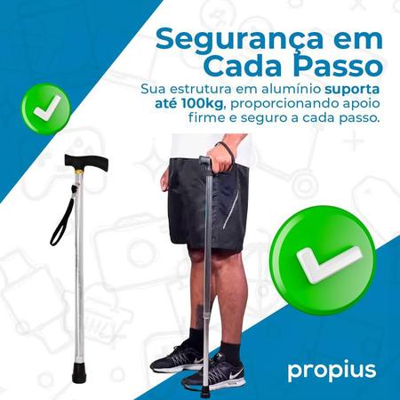 Imagem de Bengala Alumínio Altura Regulável Suporta Até 100kg Corpo 60cm Até 96cm Altura Com Anvisa Reforçada