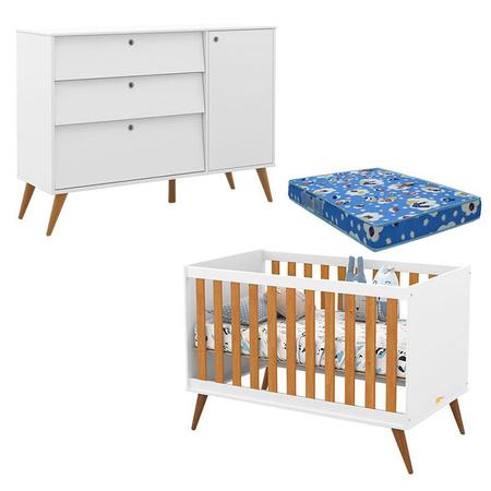 Imagem de Berço Americano com Colchão e Cômoda Infantil Retro Gold Branco Freijó Eco Wood  Matic