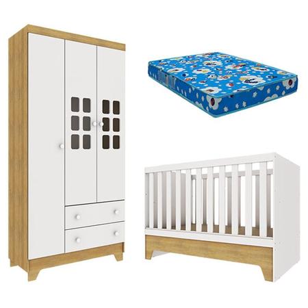 Imagem de Berço Americano Mini Cama com Guarda Roupa Infantil Malu Branco Acetinado Bétula com Colchão Ortobom  Carolina