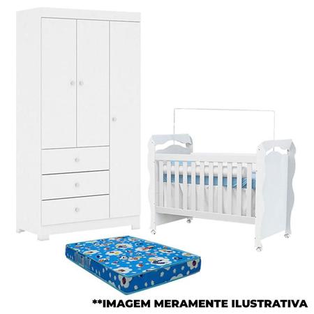 Imagem de Berço Americano New Nanda e Guarda Roupa Duda 3 Portas Branco Brilho com Colchão  Phoenix Baby