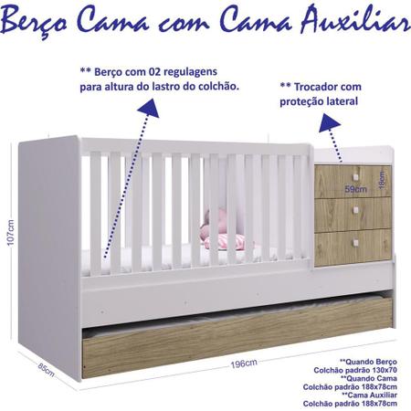 Imagem de Berço Cama Multifuncional com Auxiliar - Completa Bb 690 Bc/Cm - Branco/Carvalho