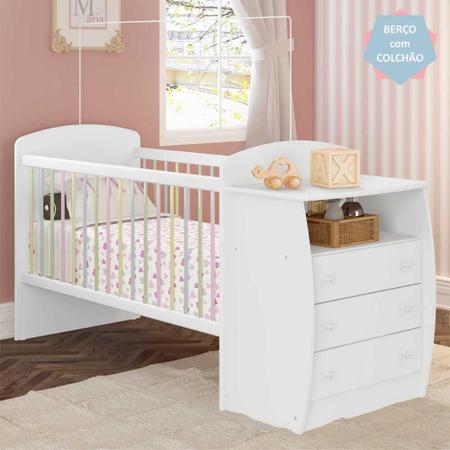 Berço-Cômoda com Colchão Incluso Colinho de Mãe Multimóveis Branco/Colorido Imagem de Berço-Cômoda com Colchão Incluso Colinho de Mãe Multimóveis Branco/Colorido