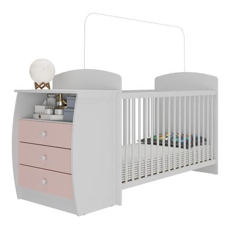 Imagem de Berço Cômoda Multifuncional Colinho de mãe com colchão incluso Multimóveis Branco / Rosa